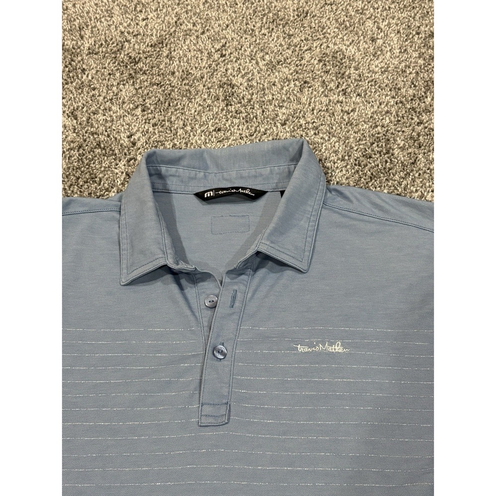 Travis Mathew Mens Light Blue Striped Polo Shirt Texas Flag Patch‎ Size Medium